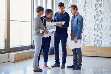 Business people, planning or documents in startup for teamwork, budget discussion or research. Meeting, investor or collaboration for revenue growth for project capital, paperwork and development