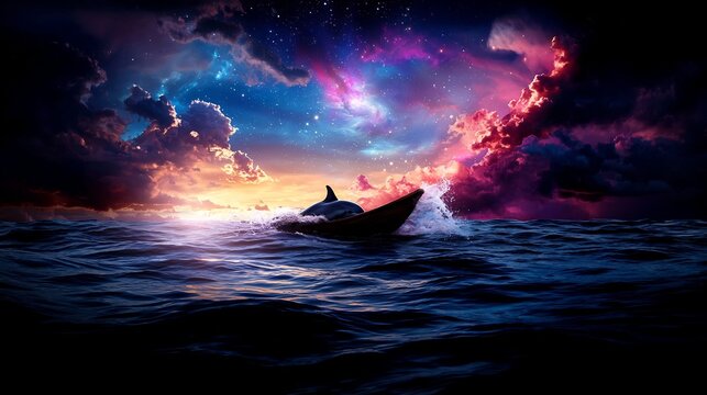 Solitary Boat Sailing on a Cosmic Ocean at Night