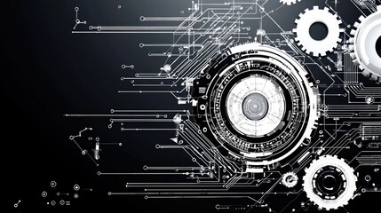 Obraz premium Futuristic technology design featuring gears and circuits on a dark background, perfect for digital innovation themes.