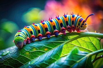 Naklejka premium Double exposure artistry: a colorful caterpillar emerges from a verdant leaf.