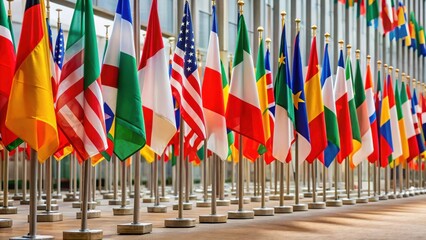 A colorful display of national flags from around the world lined up in a neat row at an international event setting, national flags, colorful