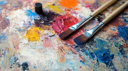 An overhead shot of a textured canvas with paint splatters and brush strokes