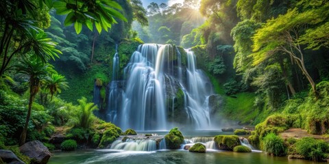 waterfall cascade surrounded by dense foliage, natural scenery