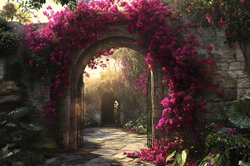 Fototapeta premium An enchanting garden with a floral arched gateway surrounded by lush greenery and colorful blossoms creating a fairy-tale scene