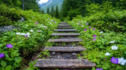 Mountain trail steps wildflowers nature hike path