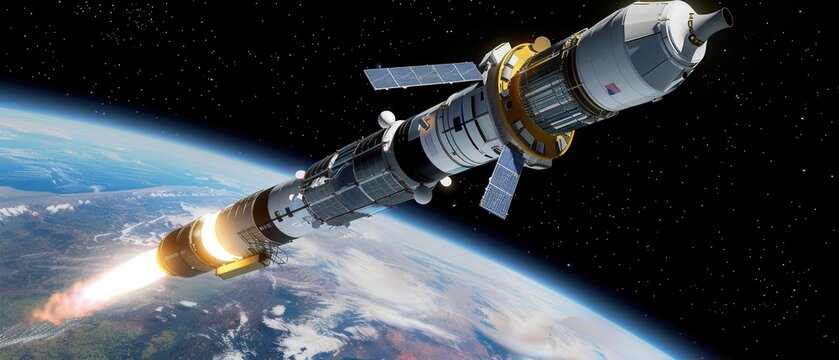 Dynamic telecommunications satellite deployment.  Rocket booster separates as the satellite unfolds solar arrays above Earth's curve. A breathtaking action shot.