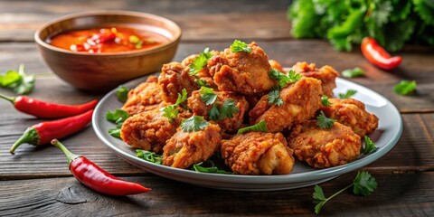 Crispy Indonesian fried chicken pieces arranged on a plate with spicy sambal sauce drizzle, garnished with fresh cilantro leaves and chili peppers , plate, crispy fried chicken