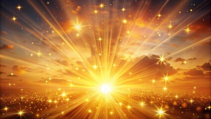 Naklejka premium Warm sunset background with golden burst and light starburst effect in the sky , atmospheric, evening, atmospheric