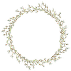 Watercolor illustration of round frame made of a willow buds. Ideal for romantic greeting cards, invitations to weddings or birthdays. Cosmetics, perfumes and home decor. Frame for websites or apps