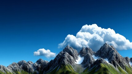 Majestic Mountainscape: Panoramic view of a mountain range with snow-capped peaks under a clear blue sky and fluffy clouds.