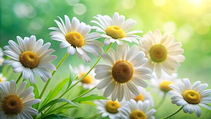 Fototapeta premium Spring's gentle embrace: a candid closeup reveals pastel green daisies in vibrant macro detail.