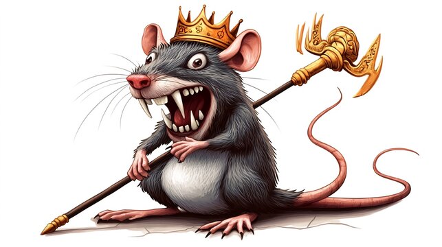 Crowned rat king, scepter, fantasy illustration, white background, storybook