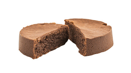Round chocolate cake split in two halves on transparent background