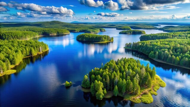 Aerial view of lush forests and crystal-clear lakes in Karelia, blue, water,  blue, water, landscape, forest, natural, wilderness