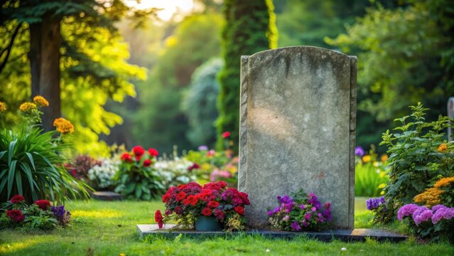 A weathered headstone stands alone in a serene cemetery surrounded by lush greenery and vibrant flowers, with an empty grave at its base , isolated monument, serenity