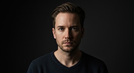 Fototapeta premium Portrait Photograph of a Serious Young Man on Dark Background for Professional Use and Personal Projects