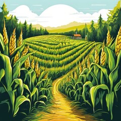 Fototapeta premium the AI Image Generator, Golden Cornfield With Farm Buildings