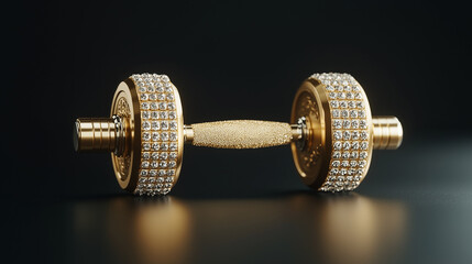 Fototapeta premium Diamond-Encrusted Dumbbell: A luxury gold dumbbell, lavishly adorned with sparkling diamonds, rests elegantly against a dark background. The image exudes opulence and high-end fitness.