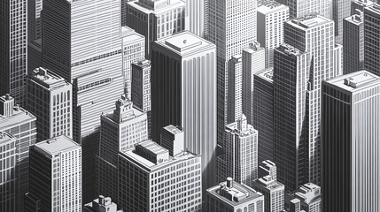 Naklejka premium A monochromatic cityscape featuring high-rise buildings and busy streets