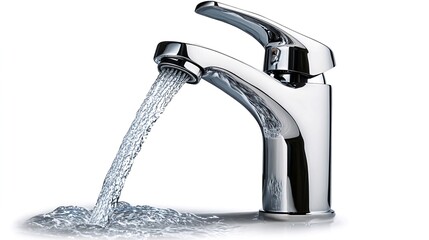 Chrome faucet, running water, white background, clean.  Use plumbing website