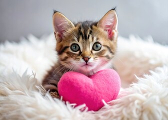 Naklejka premium Sweet, happy kitten snuggles a pink heart toy, a picture of cozy contentment.