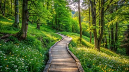Fototapeta premium Winding wooden path through dense green foliage and wildflowers in Camnago Italy surrounded by tall trees , rural