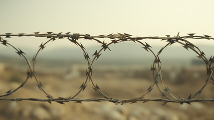Concertina Wire Fence: Close-up view of razor sharp concertina wire, creating a barrier against a blurred, desolate background, evoking themes of security, restriction, and confinement.  