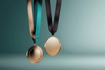 Two shiny medals, one gold and one bronze, hang elegantly from colorful ribbons. The soft blue background enhances their shine, highlighting excellence in competitions and achievements