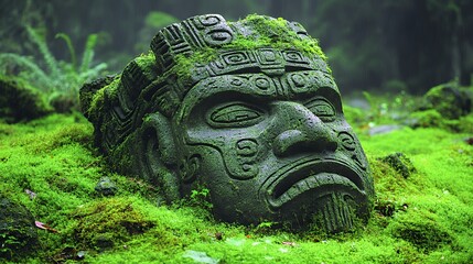 Moss-Covered Mayan Stone Face: A Serene, Ancient Sculpture
