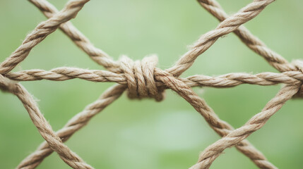 Woven Knots: A close-up macro shot of an intricate woven rope knot against a blurred green background. The textures, light and shadow create a mesmerizing visual, representing interconnectedness.