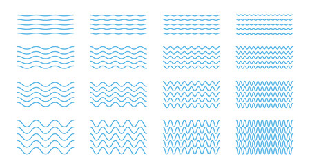 Wave line set. Sea wave pattern. Wave ornament decorations. Wavy zig zag lines. Wave thin line background. Blue water waves illustration. 