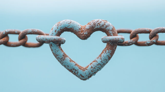 Bound by Love: A weathered, turquoise heart-shaped link connects two heavy chains, symbolizing enduring love and unshakeable bonds against the backdrop of a serene blue.
