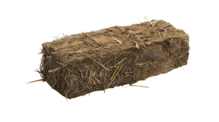 Single adobe brick made of mud and straw on transparent background