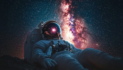 Astronaut Contemplates Starry Galaxy Night Sky