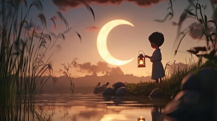 Fototapeta premium Child with Lantern by the Lake Under a Crescent Moon