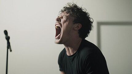 Obraz premium Raw Emotion, Vocal Power: A close-up portrait of a passionate male singer belting out a powerful vocal, his face contorted in raw emotion as he pours his soul into the performance.