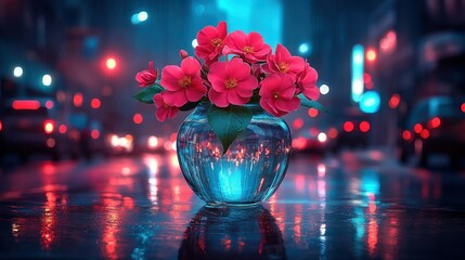 Vibrant Blooms in a City Nightscape: A Captivating Still Life