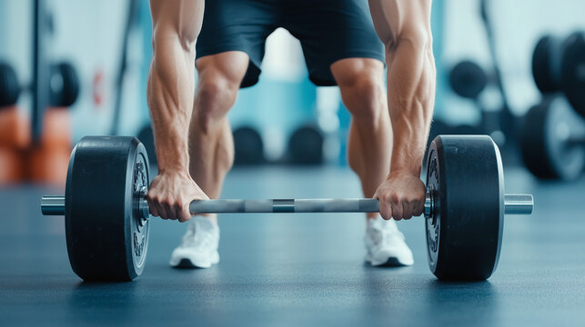 Weightlifting Power: A muscular man prepares to lift a heavy barbell in a modern gym setting, showcasing strength, determination, and fitness.