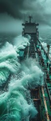 Fototapeta premium Modern cargo ship battles typhoon. Massive waves crash over deck, containers teeter. Moody atmosphere, watermarks, signatures. Perilous journey.