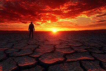 A solitary figure contemplates a fiery sunset over a cracked, barren landscape.