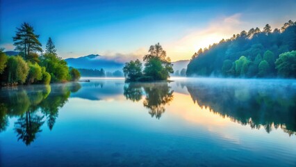 Obraz premium Serene lake at dawn with mist covered cove and aqua blue waters reflected in the calm surface, Lake Tahoe Cove Aqua Blue, Aquatic Blues