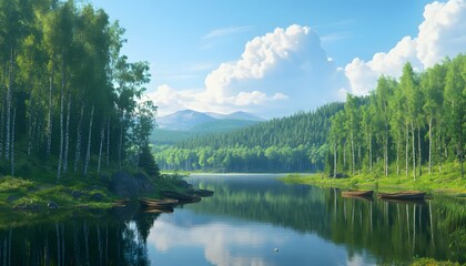 Tranquil Lake Scene With Boats And Lush Green Forest