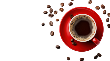 Red coffee cup and saucer with coffee beans on transparent background