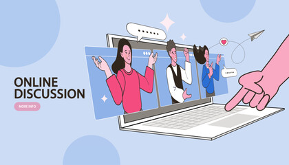 Starting an online discussion or participating in a virtual forum is illustrated here. A hand interacts with a computer showing a group chat, perfect for collaboration or community engagement.