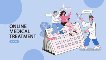 Telehealth and online doctor consultation. A physician talks to happy patients who have booked a virtual appointment on a calendar. Vector for telemedicine, e-health, and medical service.