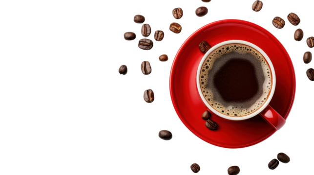 Red coffee cup and saucer with coffee beans on transparent background