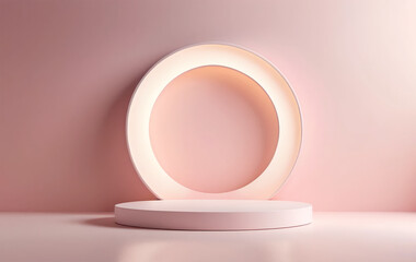 A minimalistic abstract background featuring soft pastel pink and white gradients, with subtle heart-shaped light reflections. The scene has a modern 3D-rendered look with smooth curves 