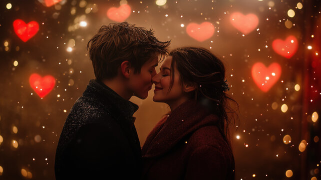 A couple sharing a kiss under a mistletoe, with fairy lights and hearts in the background.
