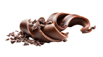 Delicious chocolate curls falling with chocolate shavings on transparent background