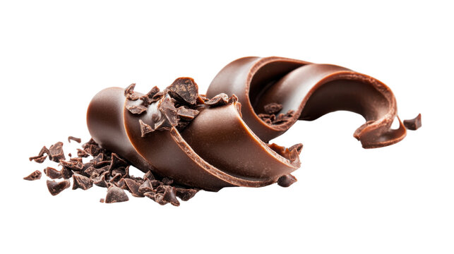 Delicious chocolate curls falling with chocolate shavings on transparent background